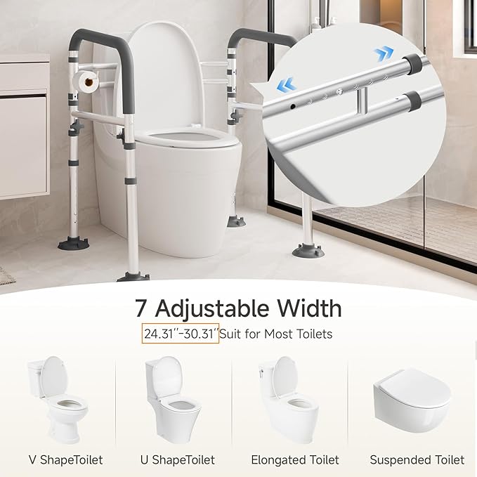 Loyoda Toilet Safety Rails,Height-Adjustable Toilet Frame Width-Adjustable Toilet Handles Foldable Toilet Rail Provides Support for Seniors ， Pregnant ，Disabled （Gray）