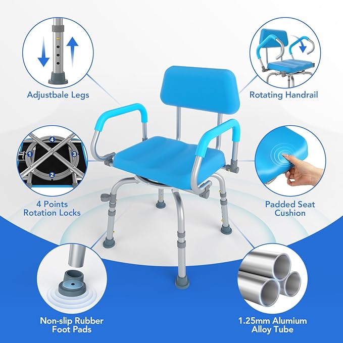 FSA/HSA Eligible Vnsod 360° Swivel Shower Chair for Inside Shower, Bath Chair for Elderly and Disabled, Adjustable Height and Padded Shower Seat with Back & Arms, 330lbs Non-Slip Stool for Inside Tub