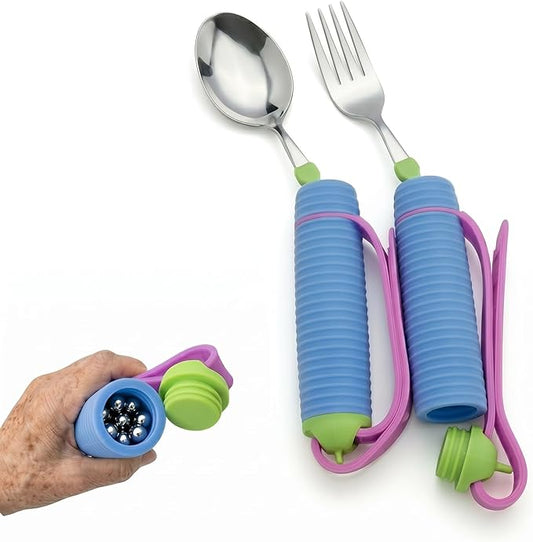 Weighted Adaptive Utensils for Enhanced Stability - Bendable, Non-Slip Utensil Set with Adjustable Wrist Strap & Customizable Weight - Assistive Eating Tools for Daily Independence (Blue)