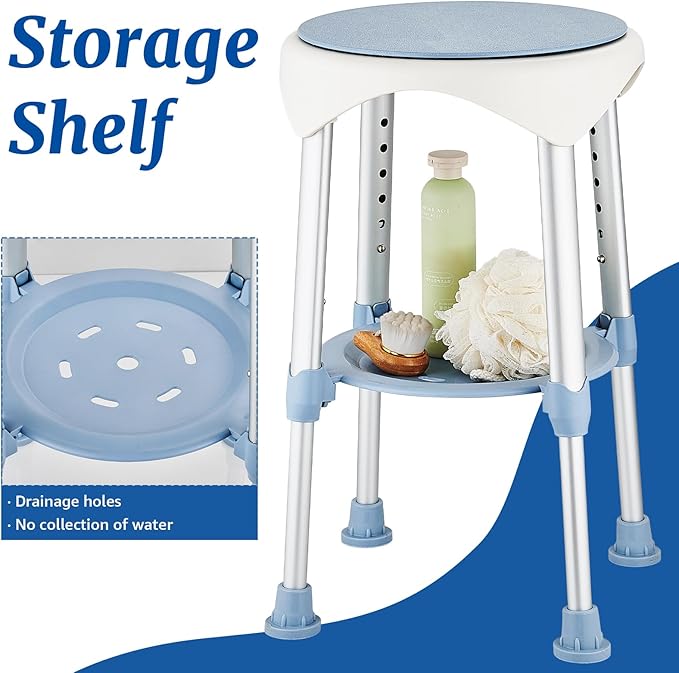 Shower Stool Chair for Inside Shower, Upgrade Small Corner Plastic Stool for Seniors Adult, 360° Swivel Shower Seat Stool for Bathroom, 6-Level Adjustable Height Bath Chair with Shelf