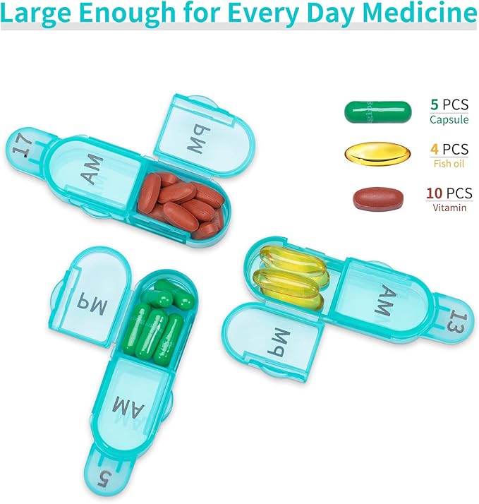 Daviky Monthly Pill Organizer 2 Times a Day, 30 Day Pill Box AM PM with Separate Container, One Month Medicine Case Twice a Day to Hold Vitamins, Supplements and Medication (Cyan)