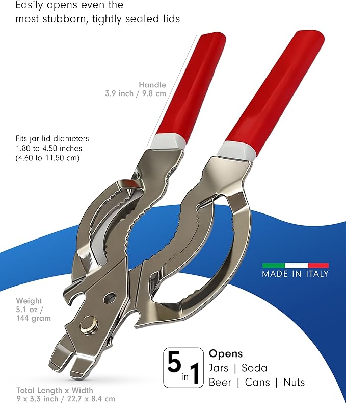Tredoni Jar & Bottle Opener, Easy Wrench Grip/Tighten Lid Opener, Multi-Purpose Opener for Caps, Cans & Nuts -Italian Stainless Steel