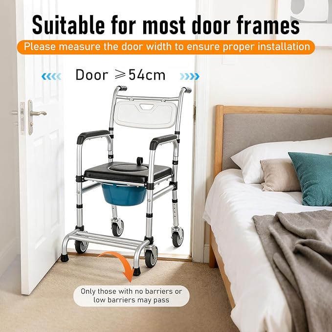 Shower Chair with Wheels Aluminum Alloy 4 in 1 Foldable Height Adjustable Shower Wheelchair, Sturdy Rolling Shower Chair with Large Commode for Seniors (White)