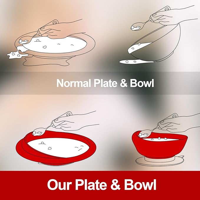Hushee 3 Sets Adaptive Spill Proof Scoop Bowl and Plate Set with Suction Base Non Skid Self Feed Suction Dinnerware for Elderly Disabled Handicapped from Parkinsons Tremor (Red)