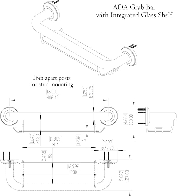 ADA Compliant Grab Bar with Glass Shelf for Shower Wall and Bathtubs, 500lbs Weight Support, 1-1/4 x 16 inch for Stud Mount, Matte Black