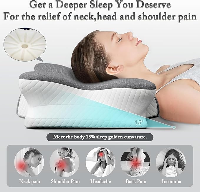Cervical Pillow for Neck Pain Relief - Ergonomic Memory Foam Pillow with Arm Rest Slot & Cotton Pillowcase, Dual-Height Orthopedic Support Contour Pillow for Side, Back, Stomach Sleepers