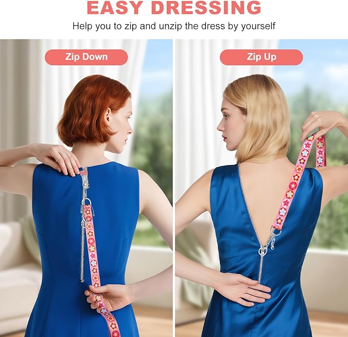 Zipper Helper Pull for Dresses 2 Pack Zipper Puller Helper with 5 Different Types Hooks Dress Zipper Pull Helper Assistant for Elderly and Pregnant Women(Pink Flower)