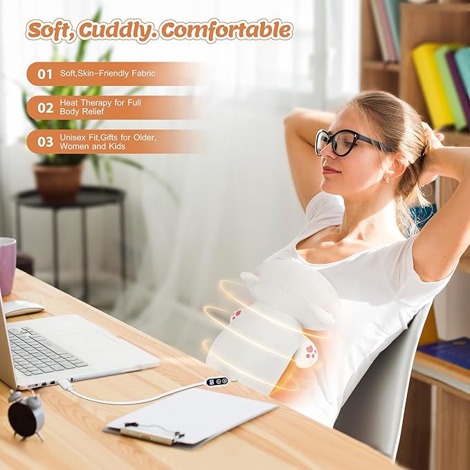 Electric Heating Pad for Period Cramps, Cuddly Kawaii 14'' White Cat Plush with a Hot Soft Belly USB Powered, Menstrual Heating Pad Neck Shoulder Pain Relief, Gift for Daughter Wife Period Heating Pad