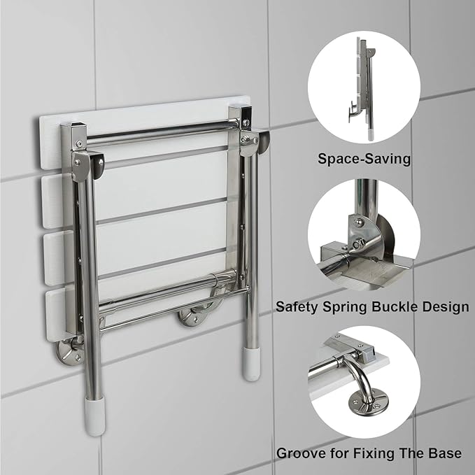 Folding Shower Seat Wall Mounted with Legs, Foldable Shower Chair for Inside Shower, Fold Down Shower Bench for Seniors (White, Fixed Height)