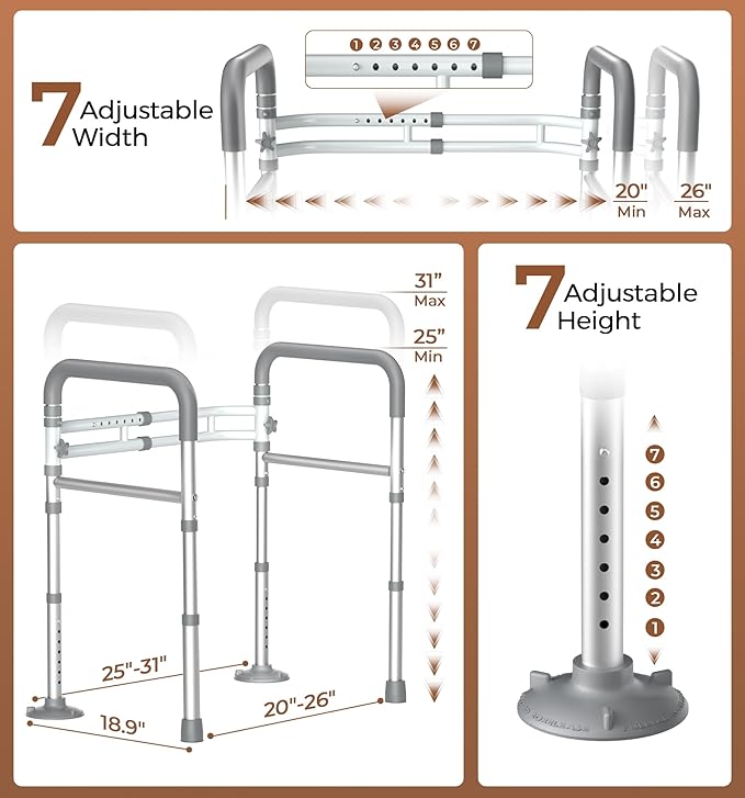 Soundfuse Toilet Safety Rails for Seniors, Adjustable Toilet Handles for Elderly and Disabled, Foldable Handicap Toilet Safety Frame Fit Any Toilets (350 LB)