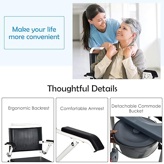 GYMAX 4-in-1 Bedside Commode, Shower Chair with Lockable Wheels, Height Adjustable Rolling Toilet Chair with Detachable Bucket, Portable Handicap Transport Wheelchair for Adult, Disabled, Elderly