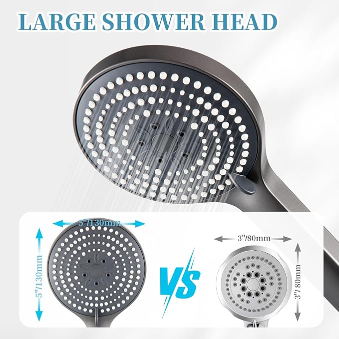 OFFO Handheld Shower Head Set, 6-Mode High Pressure Handheld Sprayer with 60" Ultra-Flex PVC Shower Hose, High Flow Large Powerful Boosting Handheld Showerhead for Low Water Pressure, Charcoal Grey