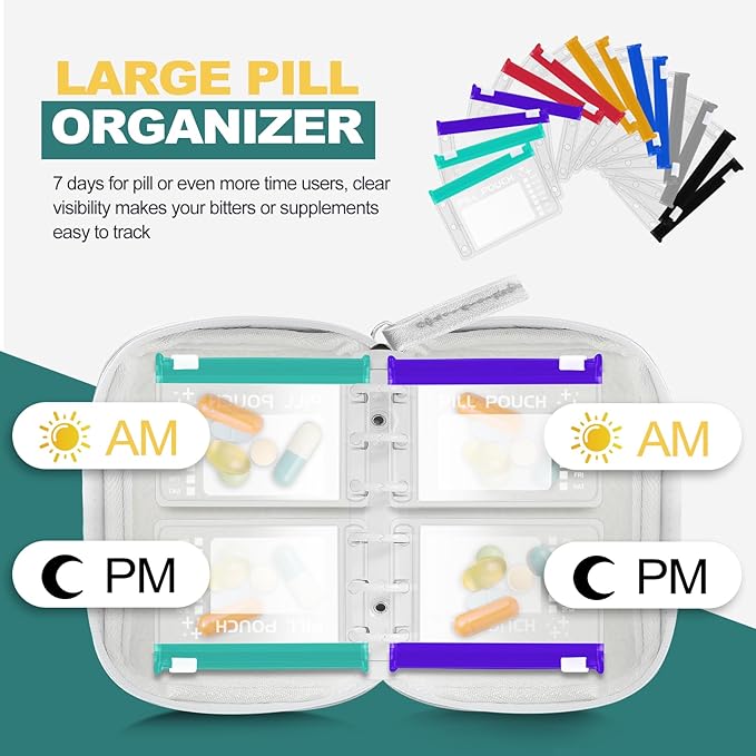 Timueetech A7 Waterproof Pill Organizer with 14 S Zippered Pill Pouches for A7 Binder, Small BPA-Free Weekly Medicine Organizer, Color-Coded Reusable Travel Pill Storage System