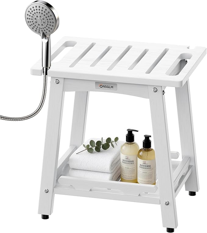 Shower Bench Seat, Non-Slip Shower Benches for Inside Shower to Sit on, HDPE Waterproof Shower Stool for Shaving Legs, Shower Chair with Adjustable Feet for Bathroom, Indoor/Outdoor Use, White