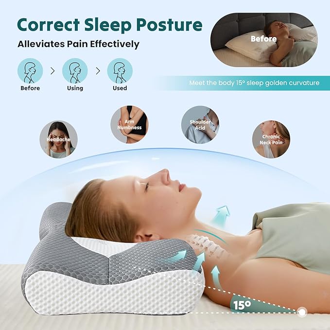 DUMOS Cervical Neck Pillow for Sleeping, Cooling Ergonomic Memory Foam Pillow with Arm Rest Slot and Ice Silk Pillowcase, Dual Height Orthopedic Support Contour for Side, Back, Stomach Sleepers