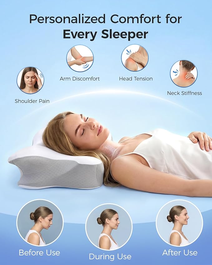 Ergonomic Cervical Memory Foam Pillow with Wide Arm Support Area, Cooling Breathable Removable Pillowcase, for Side, Back and Stomach Sleepers, for Better Neck Comfort