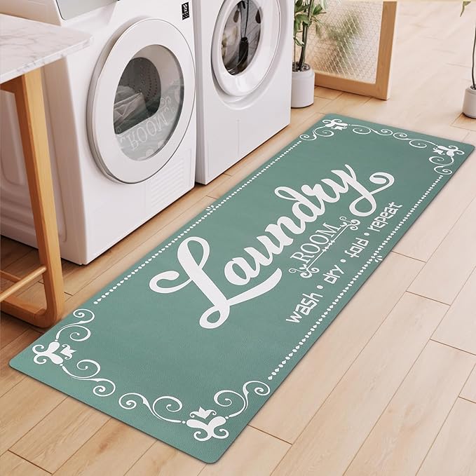 XLHOMO Laundry Room Rug Runner, 17"x60" Non Slip Teal Nappa Leather Laundry Rugs, Farmhouse Washable Floor Laundry Mats for Laundry Room, Kitchen, Washroom, Bathroom, Mudroom, Hallway Entryway Decor