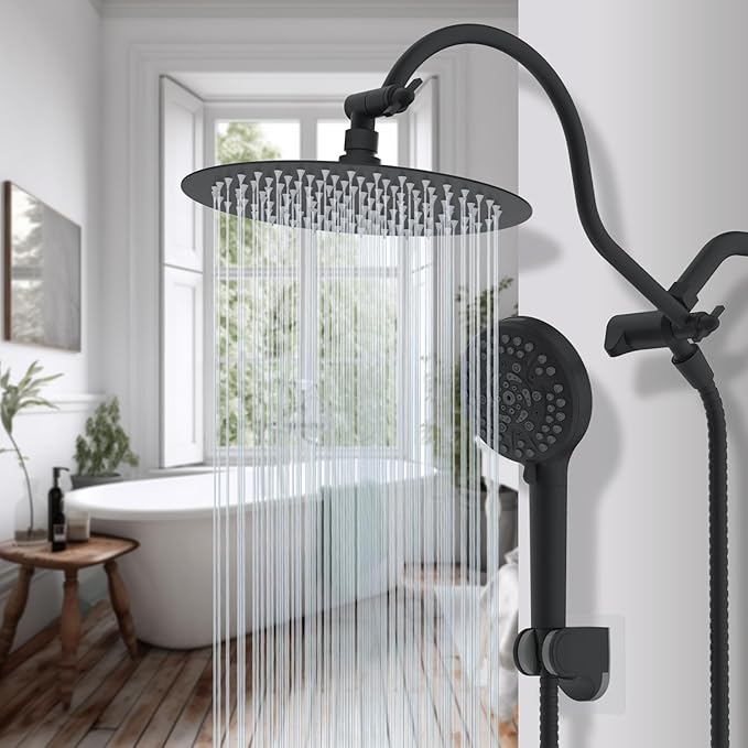 Hibbent All Metal CUPC Certified Shower Head, 10'' High Pressure Rainfall Shower Head, Handheld Showerhead Combo with 12'' Adjustable Extension Arm, 10-Spray, 71'' Hose, Shower Holder, Matte Black