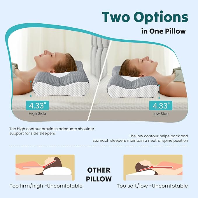 DUMOS Cervical Neck Pillow for Sleeping, Cooling Ergonomic Memory Foam Pillow with Arm Rest Slot and Ice Silk Pillowcase, Dual Height Orthopedic Support Contour for Side, Back, Stomach Sleepers