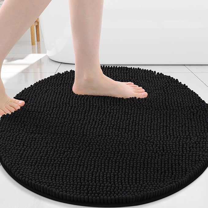 Arotive Bathroom Rugs Round 30x30, Extra Soft Absorbent Shaggy Chenille Bath Rugs, Machine Washable Rubber Backing Non-Slip Bath Mats for Bathroom Floor Tub and Shower, Home Decor Accessories, Black