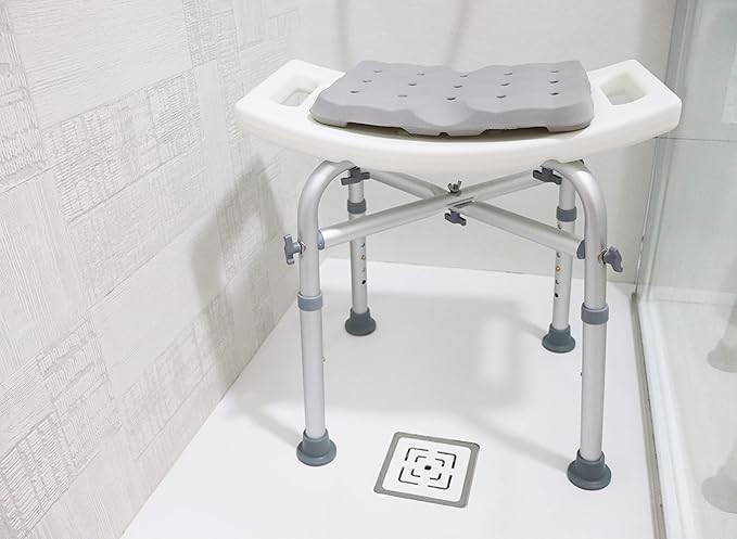 KMINA Shower Stool, Padded with Foam Cushion, Heavy Duty Double Reinforced Crossbar with 6 Height Adjustable, Tool Free, Anti-Slip, Made in Europe