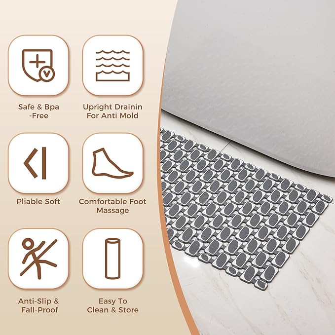 Bathtub Mats Non Slip for Bathroom with Suction Cups and Drain Holes 27.6 * 15.7 Inch Shower Mat for Inside Shower, Quick Dry Bath Mat for Baby Kids Seniors, Easy to Cut Easy Dry