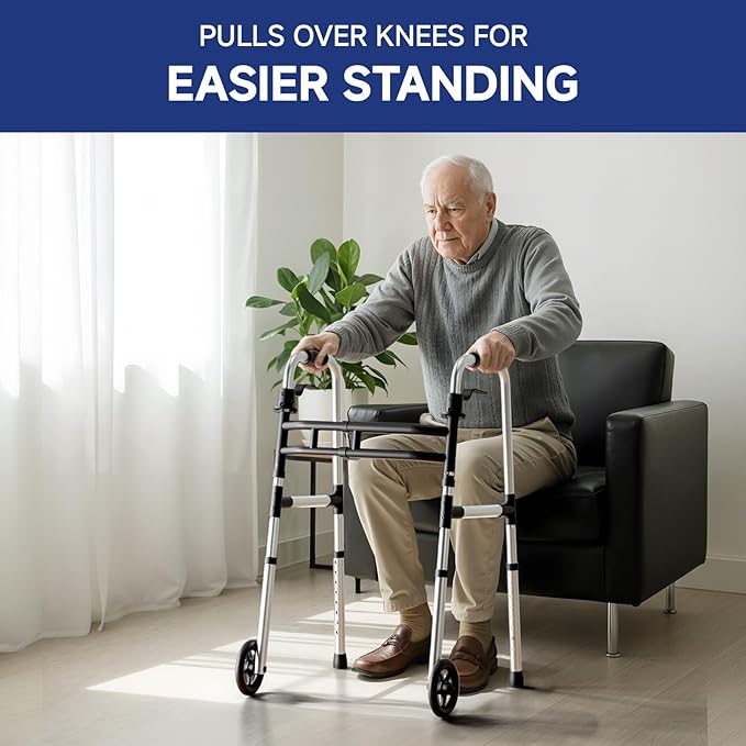 Loyoda Walkers for Seniors Foldable, Aluminum Lightweight Walker with Wheels, Adjustable Height & Width Standard Walkers for Elderly & Disabled, 350 lbs Capacity, Silver