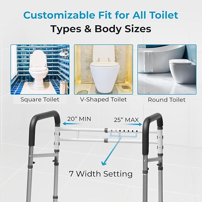 Toilet Safety Rails with Handles – Adjustable Toilet Safety Frame for Seniors, Handicap & Disabled, Toilet Assistance for Elderly, Heavy-Duty Anti-Slip Support - Fits All Toilets (Black)