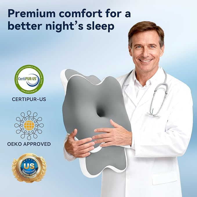 Sleep Apnea Pillow with Neck Pain & Snoring Relief -Orthopedic Cervical Pillow, Ergonomic Contour Memory Foam for Side, Back,Stomach Sleepers, Medium Firm (Grey,Queen Size)