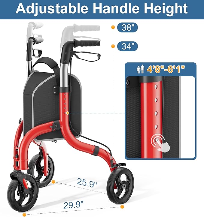 Foldable 3 Wheel Walkers for Seniors, Lightweight AluminumThree-Wheeled Walker, Height Adjustable Compact Walker with Removable Storage Bag