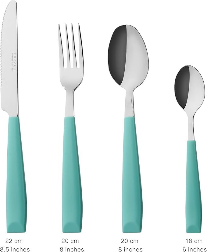 EXZACT 16-Piece Flatware Set for 4 – Colored Stainless Steel Cutlery with Wide Plastic Handles – Comfortable Tableware: Forks, Knives, Spoons, Teaspoons