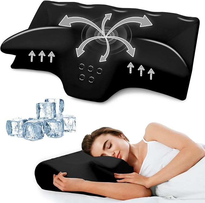 Cervical Pillow for Neck Pain Relief, Cooling Contour Memory Foam Pillows Support Odorless Ergonomic Neck Pillow Adjustable Orthopedic Bed Pillow for Side Back Stomach Sleeper,Black