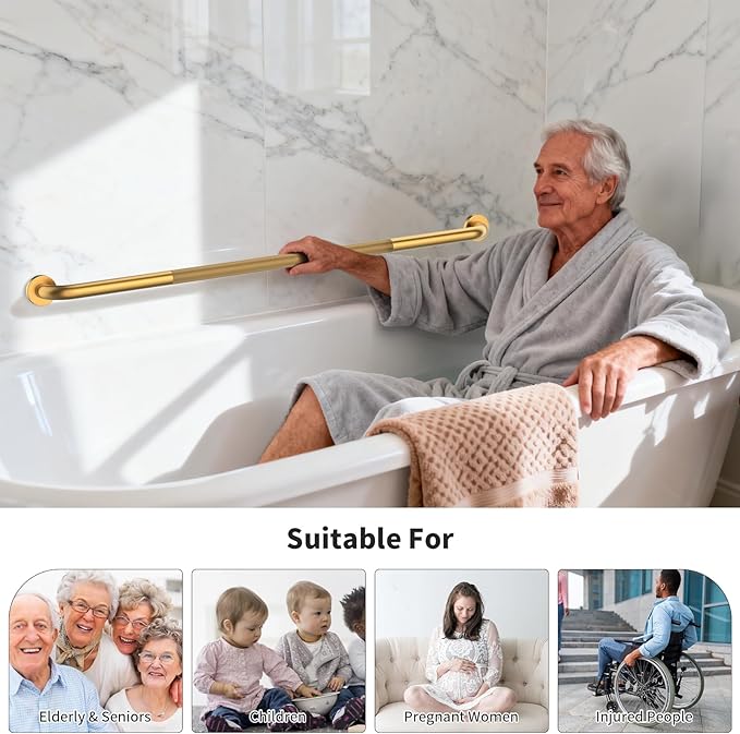 48 Inch Anti Slip Shower Grab Bar, 2 Pack Munzong Bathroom Grab Bar for Showers, Gold Knurled Handicap Balance Bar,Safety Hand Rail Support Elderly Senior Assist Bath Handle