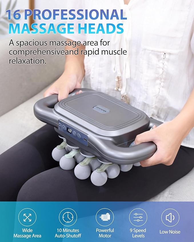 UFFAE 16-Head Massage Gun, Deep Tissue Percussion Massager with 9 Modes & 9 Intensities, 2600mAh Battery Back Bassager for Pain Relief Deep Tissue for Muscle Pain Relief in Back, Legs, Shoulders