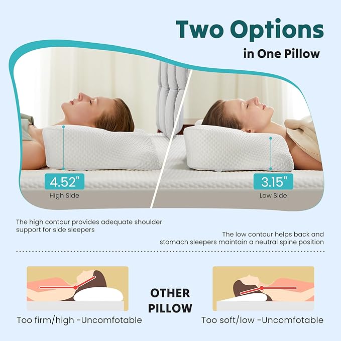 DUMOS Cervical Neck Pillow, Cooling Ergonomic Memory Foam Pillows for Neck Pain Relief with Breathable Pillowcase, Dual Height Orthopedic Support Contour Pillow for Side, Back, Stomach Sleepers, White