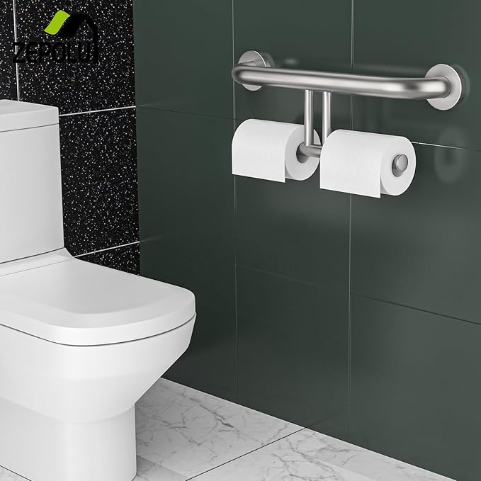 Brushed Nickel Handicap Grab Bar w/Toilet Paper Roll Holder, Zepolu 2-in-1 Safety Assist Bar Balanced Support Handle 17 Inch, Stainless Steel Wall Mounted Bathroom Toilet Grab Bar for Senior Elderly