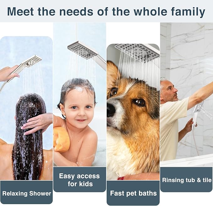 BRIGHT SHOWERS Handheld Shower Head Set High Pressure Hand Held Showerhead with 60 Inch Flexible Shower Hose and Adjustable Shower Arm Mount Bracket, 3 Spray Settings Shower Wand, Brushed Nickel