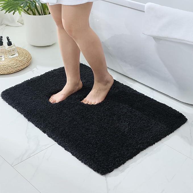 Bathroom Rugs Non Slip Washable 32x20, Ultra Thick Soft Microfiber Absorbent Bath Mats, High Density Foam Latex Non Slip Backing Bath Rugs, Fluffy Floor Carpet for Tub&Shower, Black