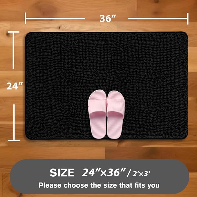 Black Bathroom Rug – Absorbent and Washable Bath Mat, Non-Slip, Thick Soft Chenille Bath Rugs for Bathroom Floor, Shower, Sink - 24" x 36"