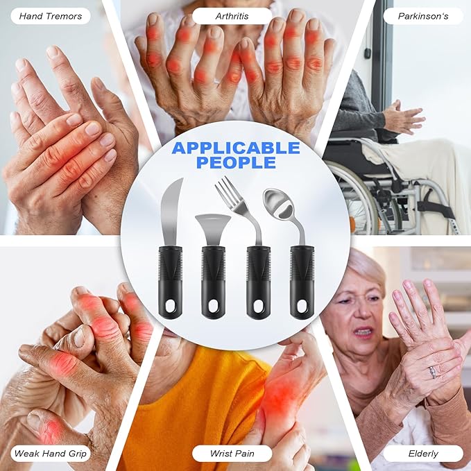 Adaptive Utensils, Weighted Utensils for Hand Tremors, Utensils for Parkinsons Patients,Elderly,Arthritis,Weak Hand Grip. Stainless Steel Knife,Fork,Spoons and Rocker Knife Set (4pcs Left-Handed)