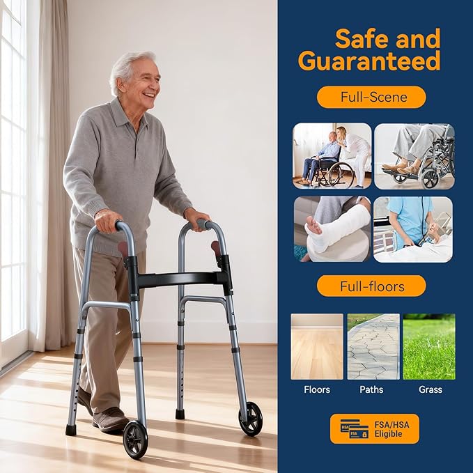Folding Walker for Seniors, Rolling Walker with 8 Height Adjustments, One-Hand Folding, 300lbs Capacity, Lightweight Aluminum Front Wheel Walker for Elderly Adults and Handicap