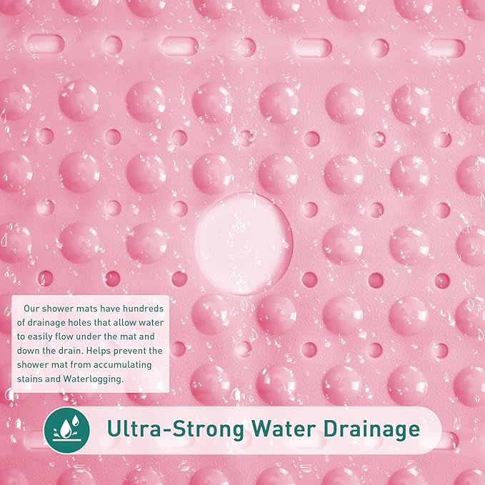 Large Square Shower Mat 27 x 27 Inch Pink, Non Slip Shower Bathtub Mats for Inside Shower with Big Suction Cups Drain Holes, Anti Slip Bathroom Floor Shower Stall Mats, Easy Clean, BPA-Free