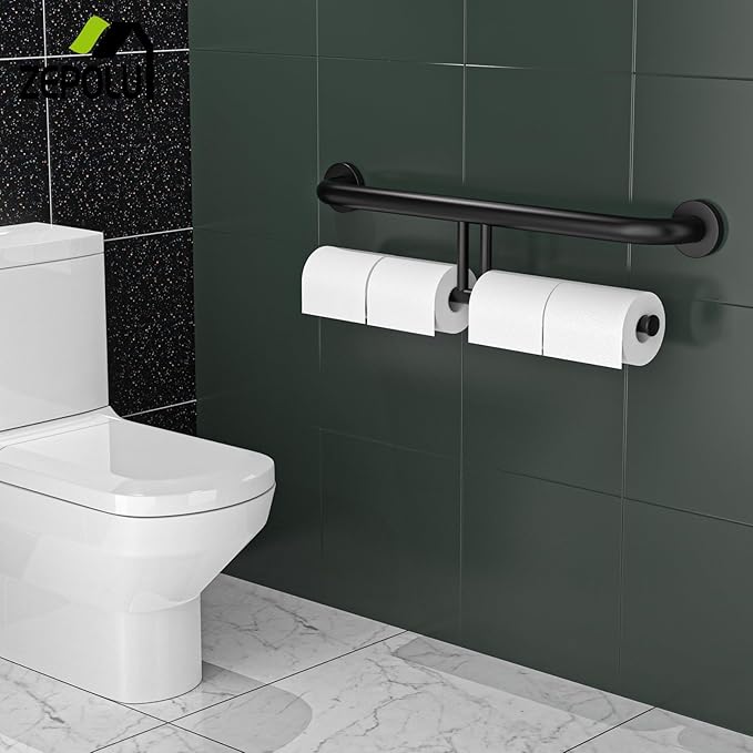 24 inch Black Grab Bar w/Double Roll Toilet Paper Holder, Zepolu 2-in-1 Safety Assist Bar Balanced Support Handle, Stainless Steel Wall Mounted Bathroom Toilet Grab Bar for Senior Elderly Handicap