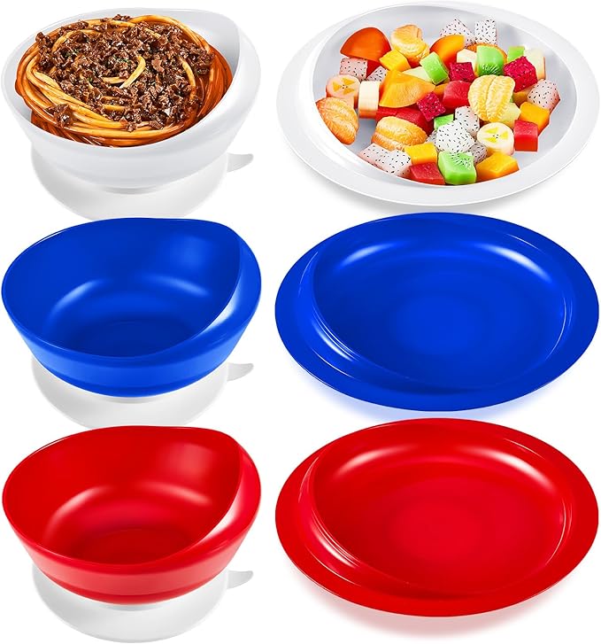 Hushee 3 Sets Adaptive Spill Proof Scoop Bowl and Plate Set with Suction Base Non Skid Self Feed Suction Dinnerware for Elderly Disabled Handicapped from Parkinsons Tremor (White,Blue,Red)