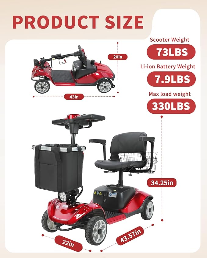 Mobility Scooter,330lbs Capacity,4 Wheel Mobility Scooters for Seniors/Adults with 18 Miles 350W 330LBS Capacity,Detachable Lithium Battery, Adjustable Seat,Shock Absorber