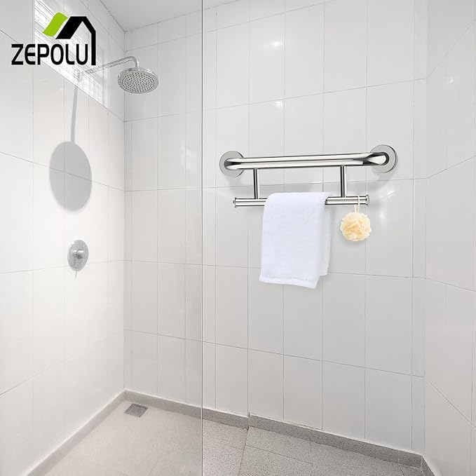Polished Chrome Grab bar 17 inch - 1.25” Diameter, Zepolu 2-in-1 Bath Towel Bars for Bathroom, Stainless Steel Safety Assist Balanced Support Handle, Wall Mounted Towel Grab Bars for Senior Handicap