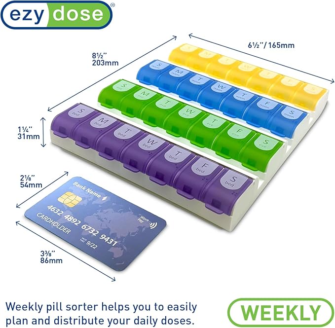 EZY DOSE Weekly (7-Day) Pill Case, Medicine Planner, Vitamin Organizer Box, 4 Times a Day, Large Compartments, Easy Fill All Compartments at Once Organizer, Multi-Colored, BPA Free