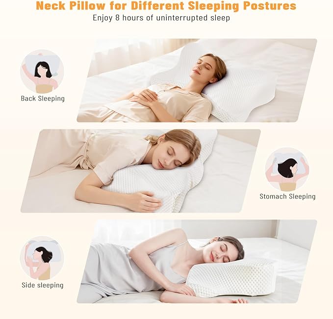 Cervical Neck Pillow Set of 2, Memory Foam Pillow for Neck Pain Relief, Ergonomic Bed Pillow with Neck Support for Side, Back & Stomach Sleepers, Queen, White