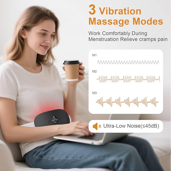 Portable Heating Pad for Period Cramps: Cordless Menstrual Heating Pad with 3 Heat Levels and 3 Massage Modes, 3s Fast Heating Gift for Women and Girl Black