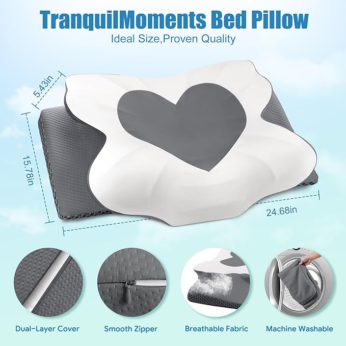 Cervical Neck Pillow for Sleeping, Memory Foam Pillow for Neck Support, Ergonomic Pillow for Pain Relief, Contour Bed Pillow for Side Back Stomach Sleepers, Grey, Queen Size
